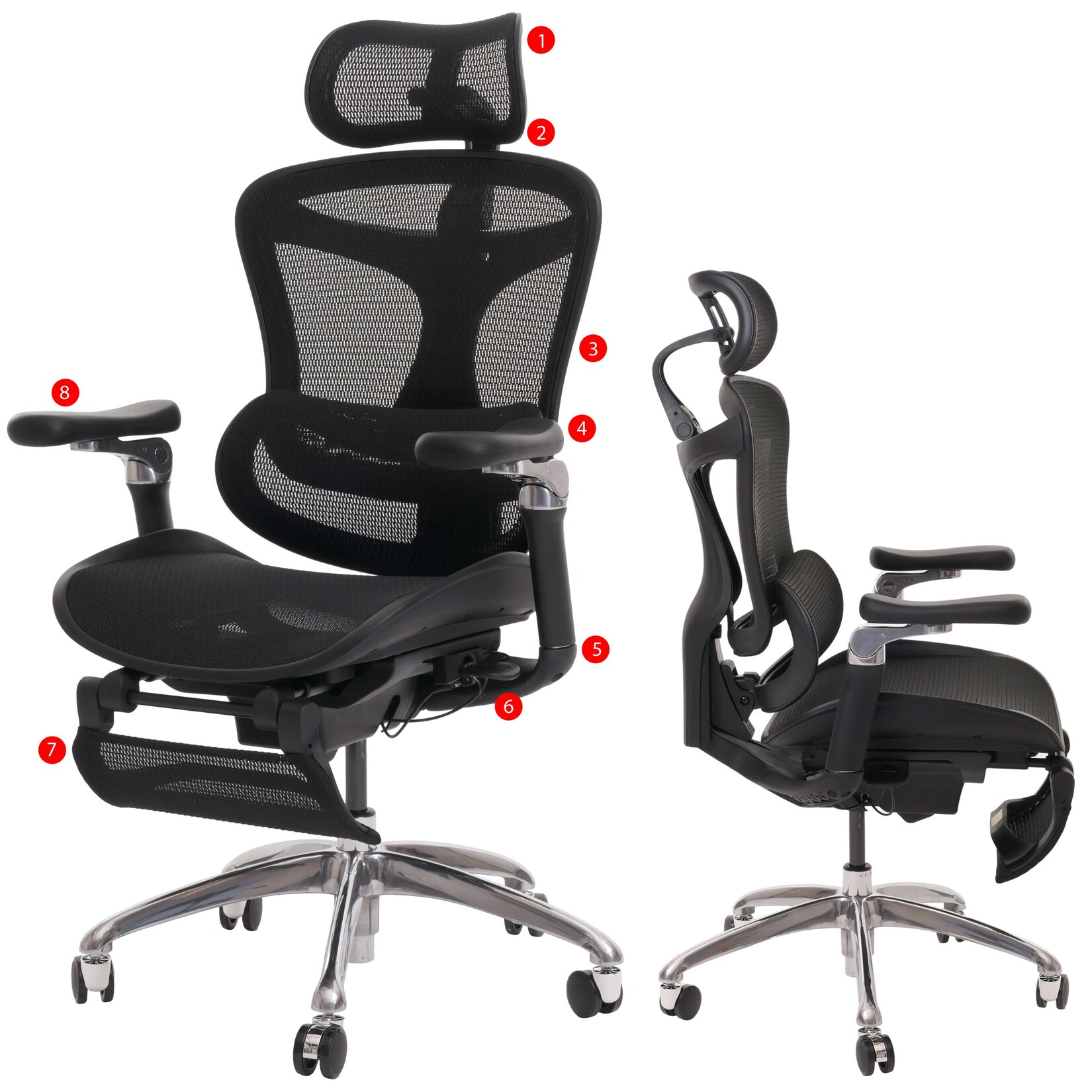 Bürostuhl MCW-N54, Schreibtischstuhl Drehstuhl, ergonomisch, Lordosenstütze Fußstütze 6D-verstellbare Armlehnen schwarz