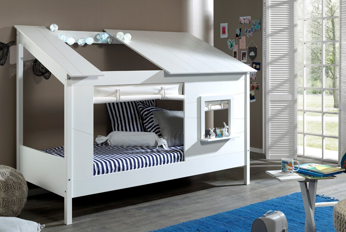 Baumhaus Bett 90 x 200 cm Liegefläche, inkl. Vorhang Set, offenes Dach in Weiß | 05420070231817