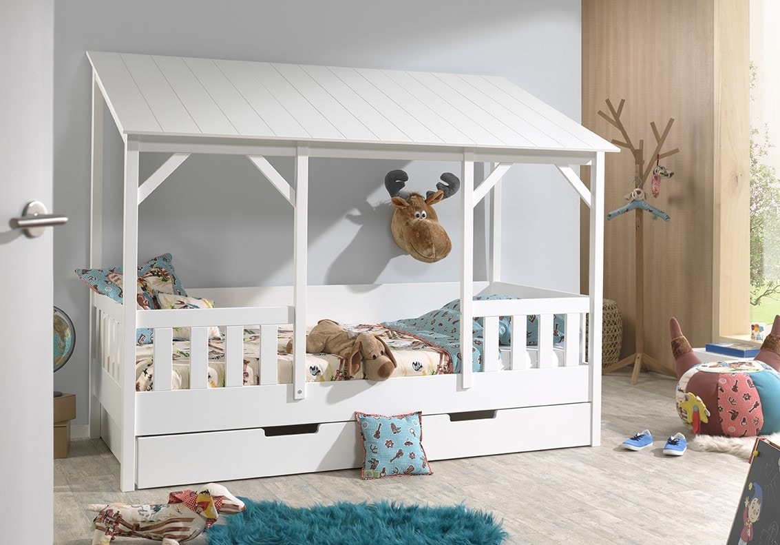 Hausbett mit 90 x 200 cm Liegefl&auml;che und Bettschublade, Korpus Wei&szlig; lackiert, Dach in Wei&szlig; - Bild 1