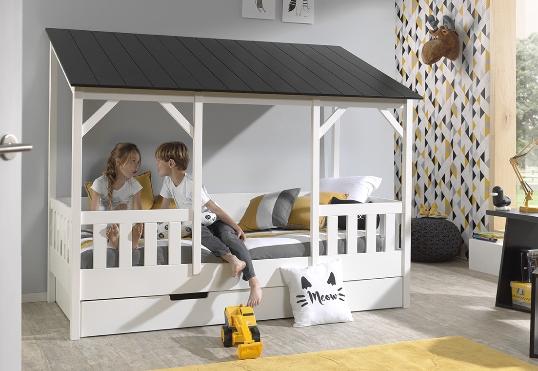 Hausbett mit 90 x 200 cm Liegefl&auml;che und Bettschublade, Korpus Wei&szlig; lackiert, Dach in Schwarz - Bild 1