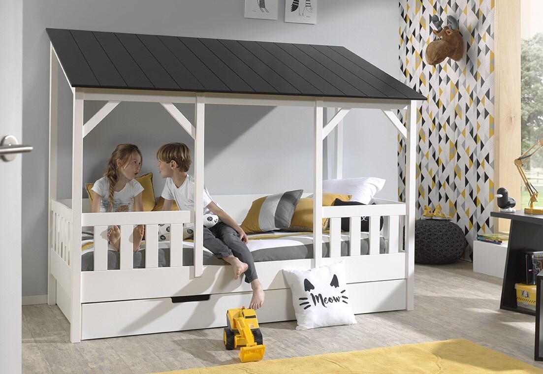 Hausbett mit 90 x 200 cm Liegefläche und Bettschublade, Korpus Weiß lackiert, Dach in Schwarz | 05420070231091