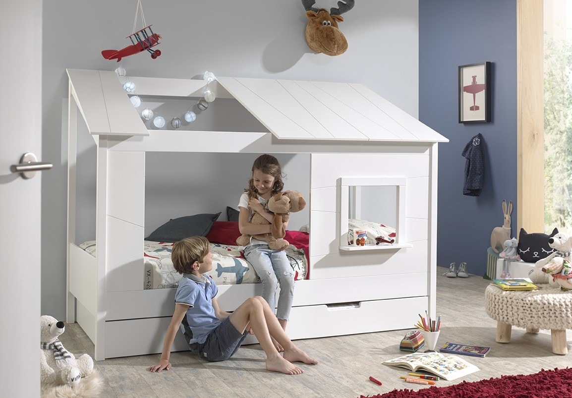 Baumhaus Bett 90 x 200 cm Liegefläche und Bettschublade offenes Dach Weiß lackiert