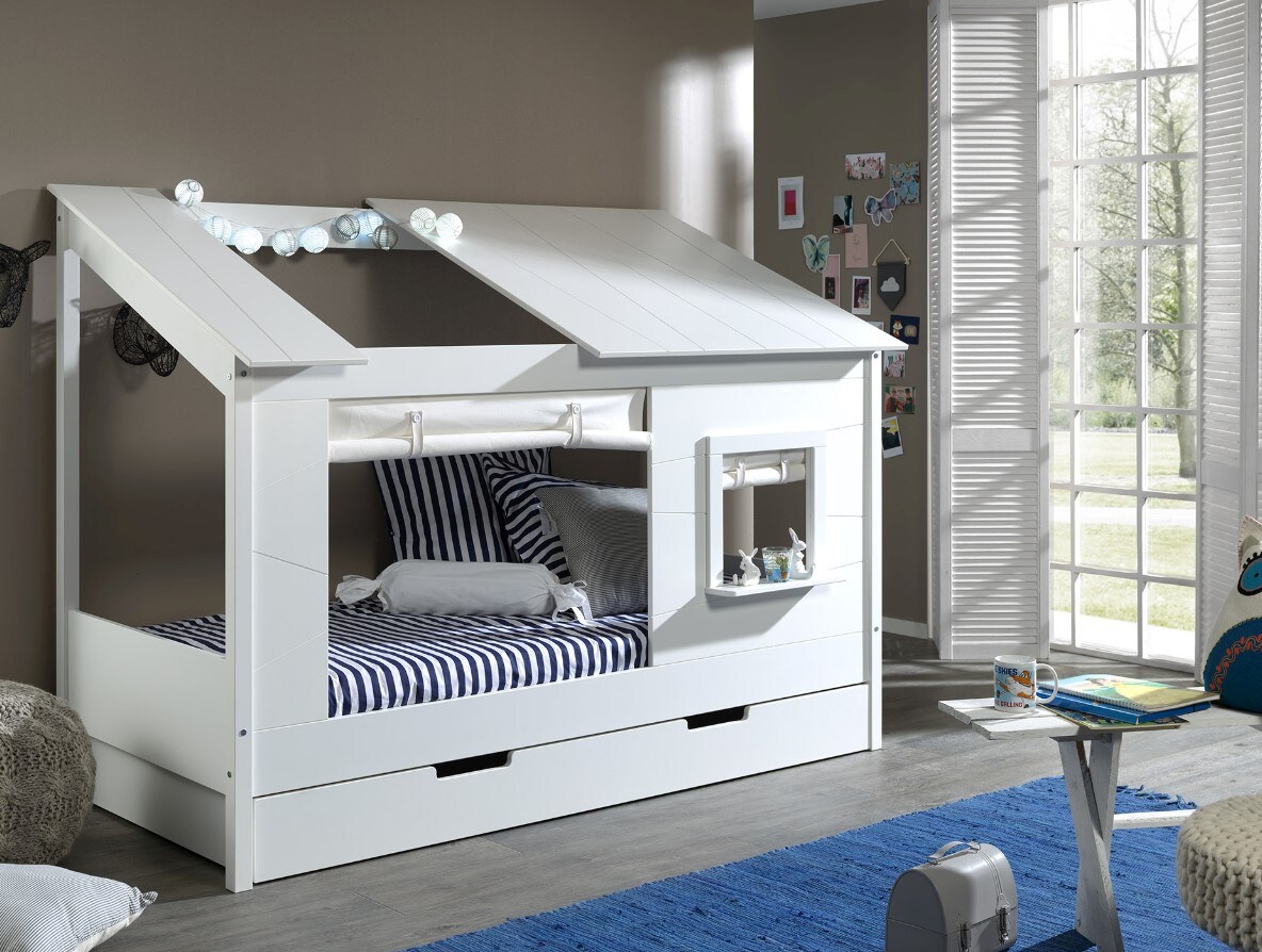 Baumhaus Bett 90 x 200 cm Liegefläche, inkl. Vorhang Set und Bettschublade, offenes Dach Weiß lackiert | 05420070231824