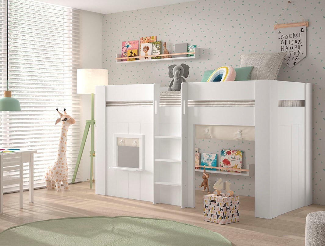 RENO halbhohes Spielbett 90 x 200 cm Liegefl&auml;che inkl. Vorhang Set, Creme-Wei&szlig; - Bild 1