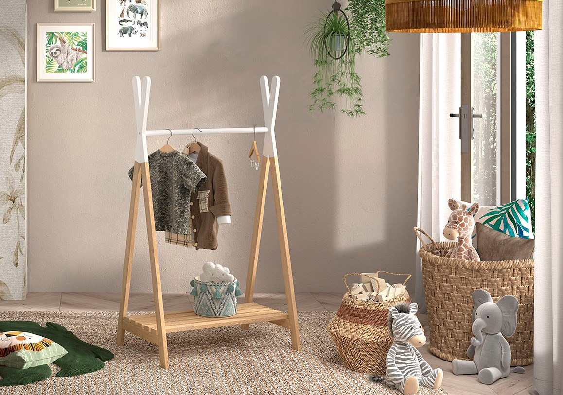 Kleiderst&auml;nder mit Ablage aus der Serie Kiddy, Ausf. Kiefer massiv natur/wei&szlig; lackiert - Bild 1