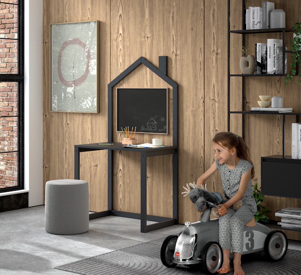 DALLAS Kinderschreibtisch mit Haus-Optik aus massiver Kiefer, Anthrazit lackiert - Bild 1