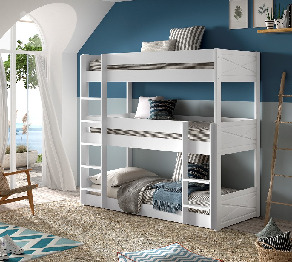 SCOTT Etagenbett mit 3 Liegefl&auml;chen 90 x 200 cm, inkl. Rolllattenrost u. Leiter, Ausf. Kiefer wei&szlig; lackiert - Bild 1