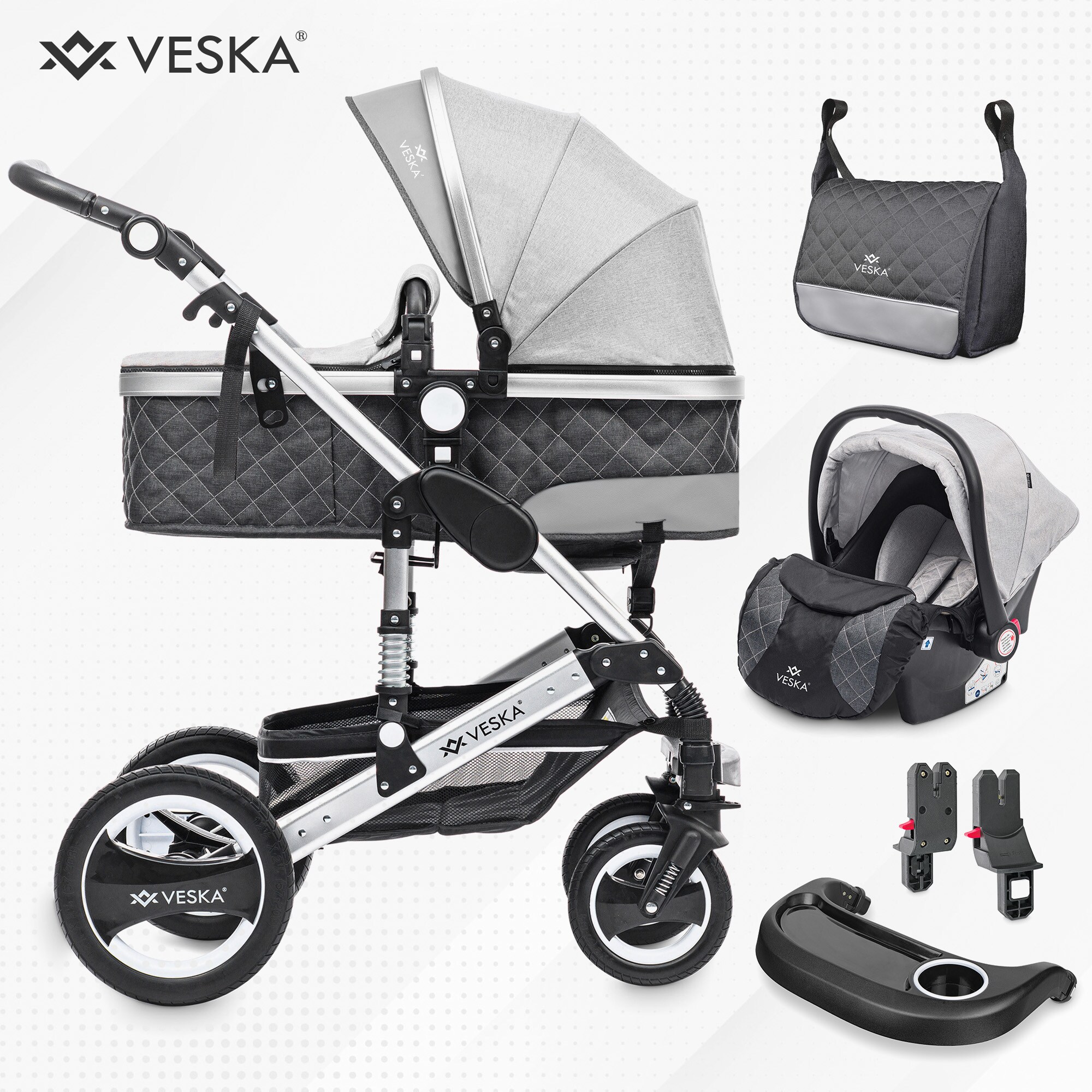 VESKA&reg; 3 in 1 Kombi-Kinderwagen Buggy Reisebuggy inkl. Auto- Babyschale Jogger Faltbar - Silber - anthrazit/grau - Bild 1