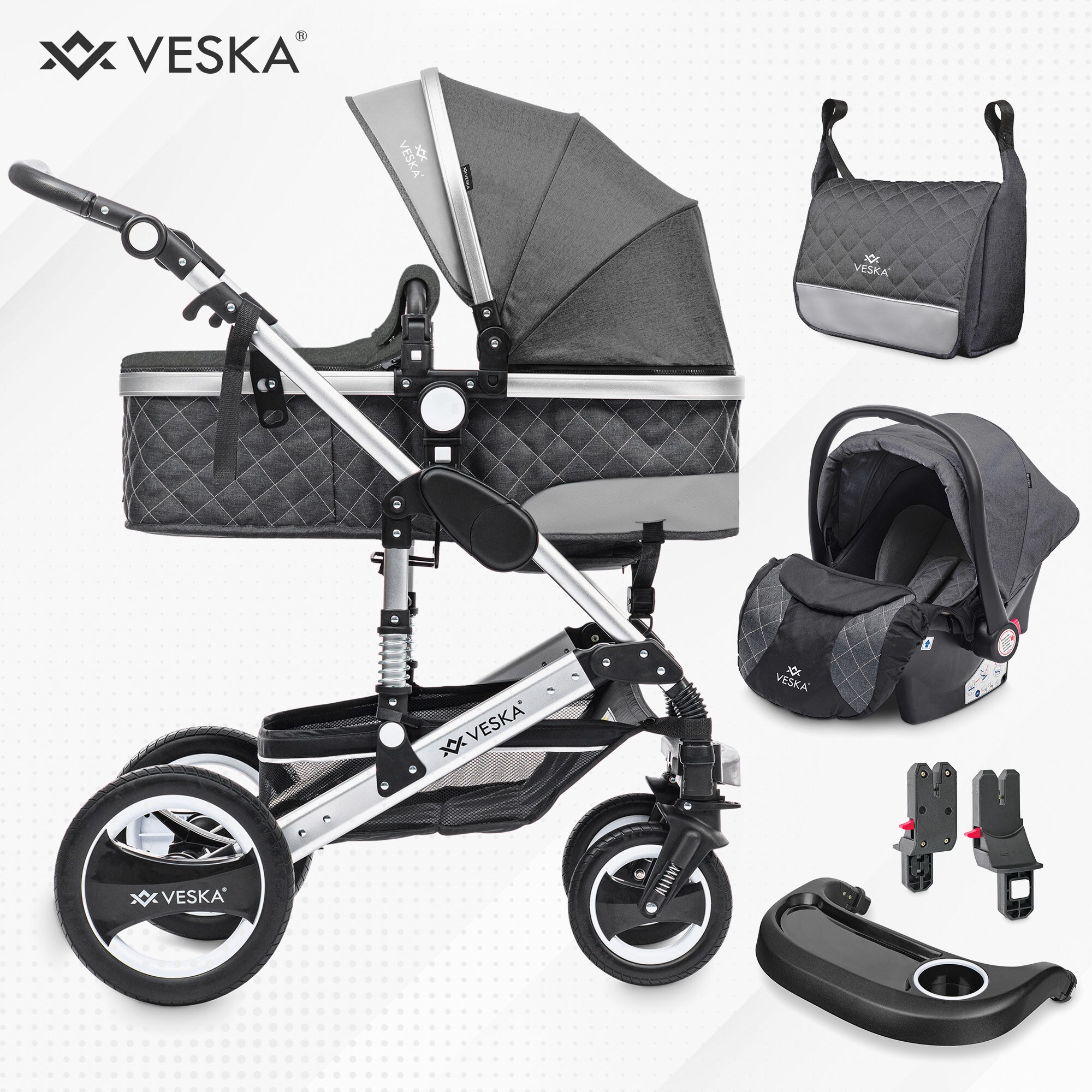 VESKA&reg; 3 in 1 Kombi-Kinderwagen Buggy Reisebuggy inkl. Auto- Babyschale Jogger Faltbar - Silber - anthrazit/anthrazit - Bild 1