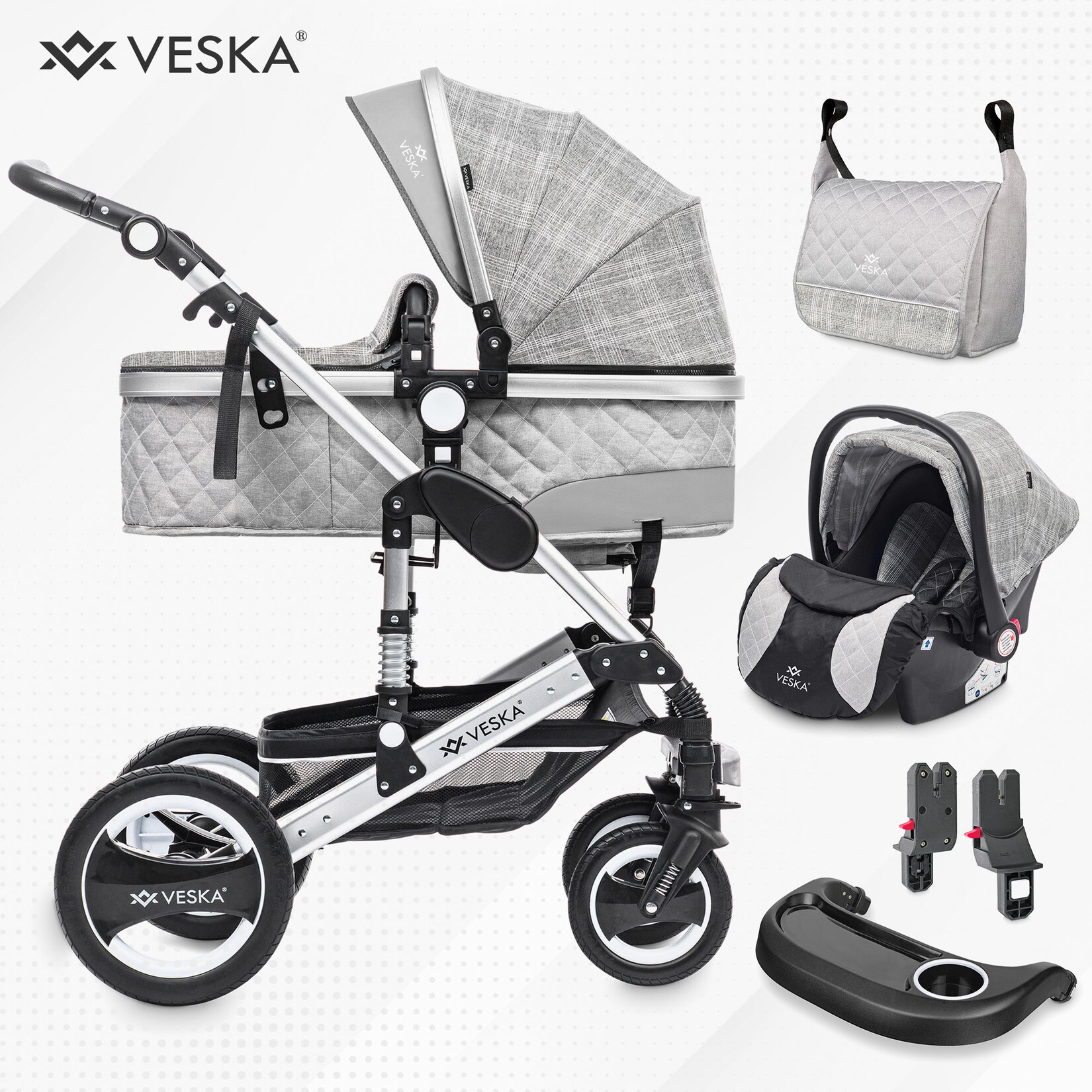 VESKA® 3 in 1 Kombi-Kinderwagen Buggy Reisebuggy inkl. Auto- Babyschale Jogger Faltbar – Silber – grau/kariert | 04054748017635