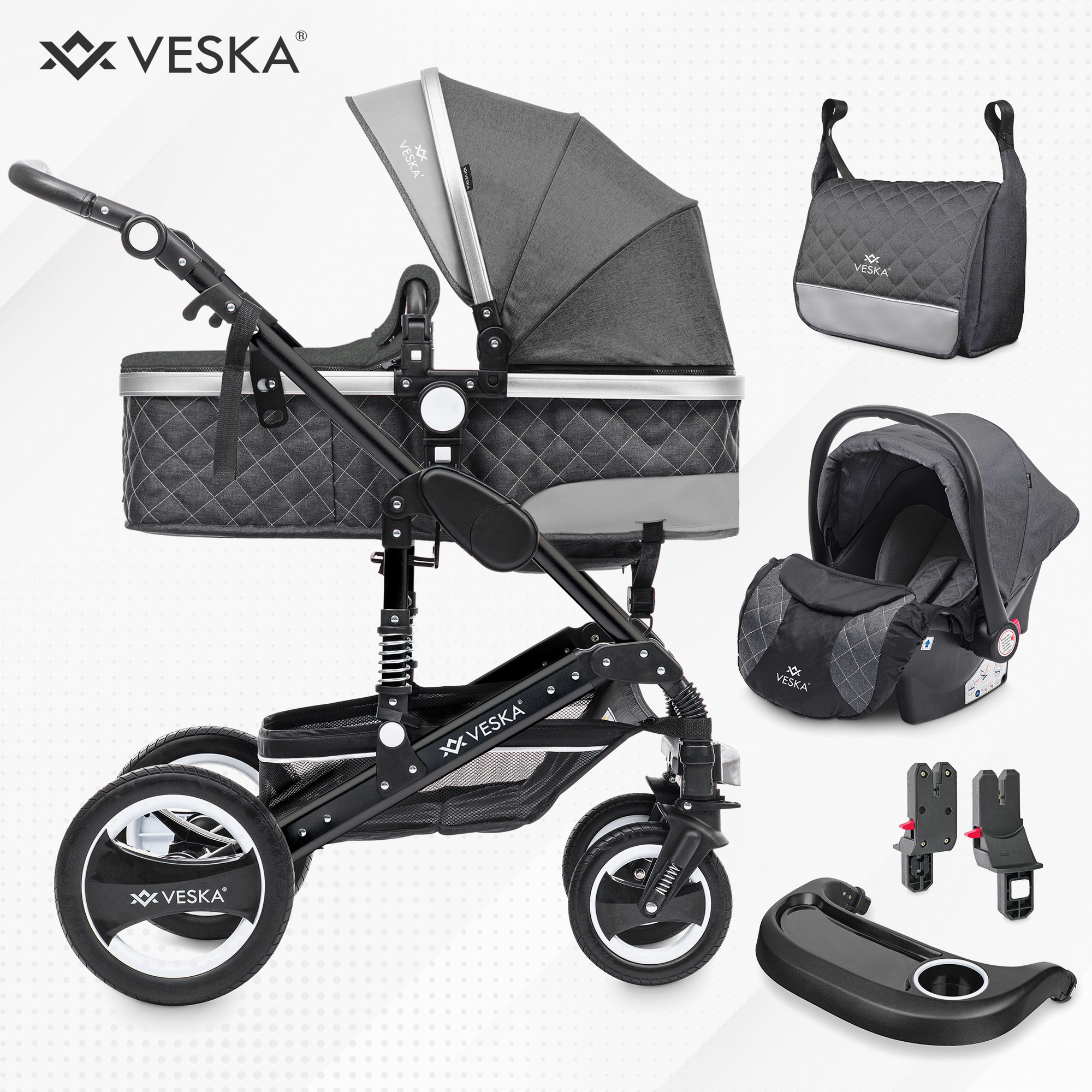 VESKA&reg; 3 in 1 Kombi-Kinderwagen Buggy Reisebuggy inkl. Auto- Babyschale Jogger Faltbar - Schwarz - anthrazit/anthrazit - Bild 1