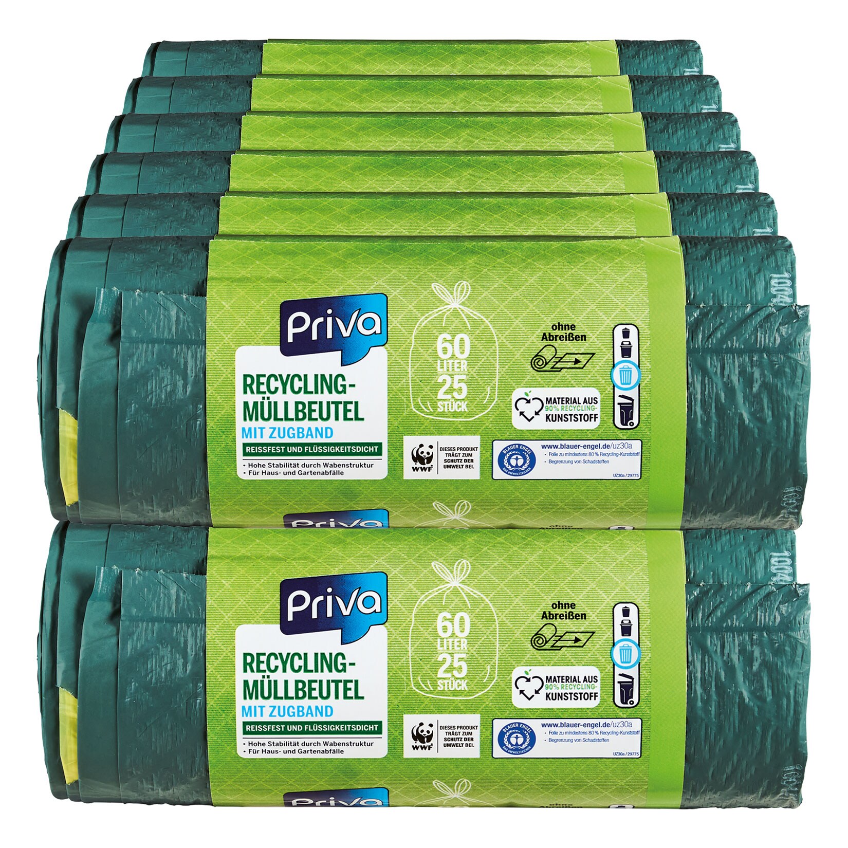 Priva Recycling-Müllbeutel mit Zugband 25 x 60 Liter, 12er Pack | 04311536000102