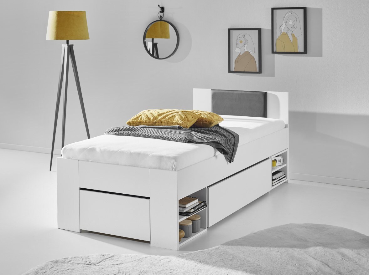 Relita Stauraumbett Stefan 90x200cm, 2 Schubladen, Nako auf Rollen, Kopfteil m. Kunstleder schwarz, Ausf. Dekor wei&szlig;