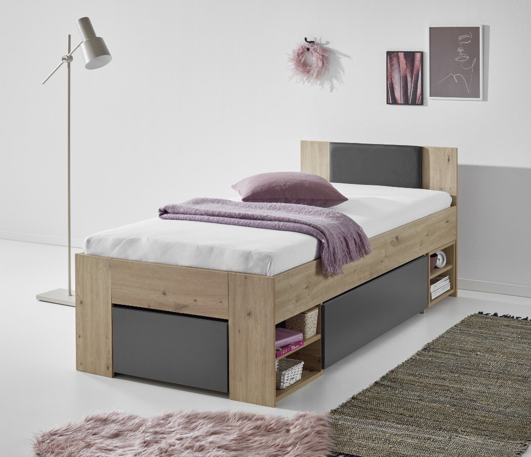 Relita Stauraumbett Stefan 90x200cm, 2 Schubladen, Nako auf Rollen, Kopfteil m. Kunstleder schwarz, Ausf. Dekor Artisan-Graphit