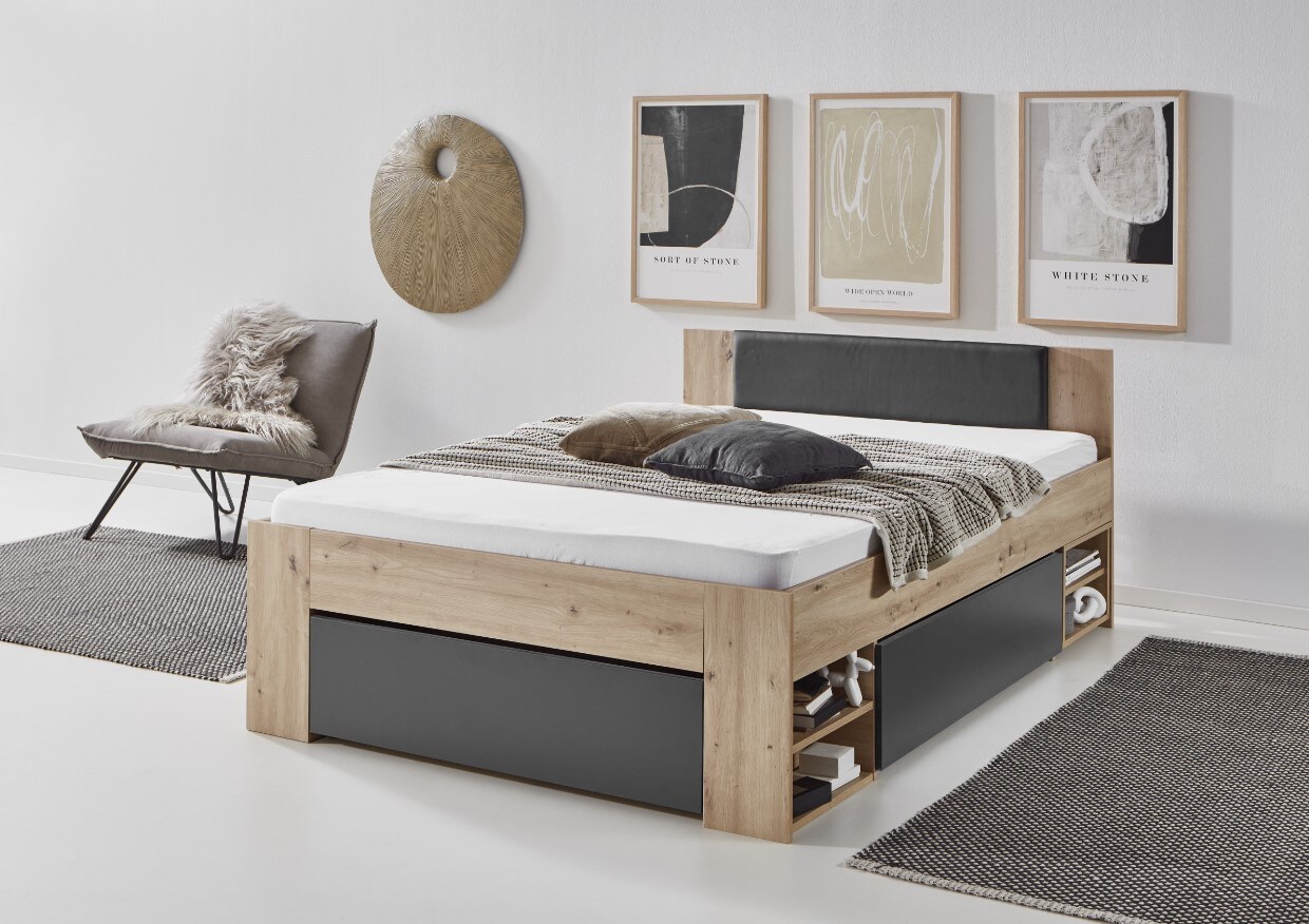 ***zur Zeit nicht lieferbar laut Relita***Stauraumbett Stefan 140x200cm, 3 Schubladen, 2 Nako auf Rollen, Kopfteil m. Kunstleder schwarz, Ausf. Dekor Artisan-Grpahit - Bild 1