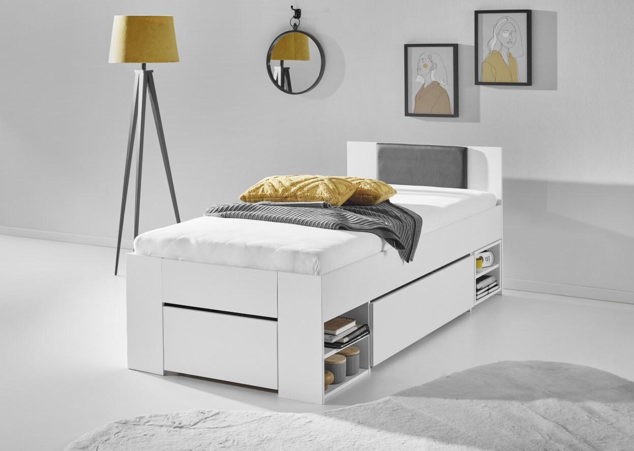 Relita Stauraumbett Stefan inkl. RR 90x200cm inkl. Rolllattenrost, 2 Schubladen, Nako auf Rollen, Kopfteil m. Kunstleder schwarz, Ausf. Dekor wei&szlig;