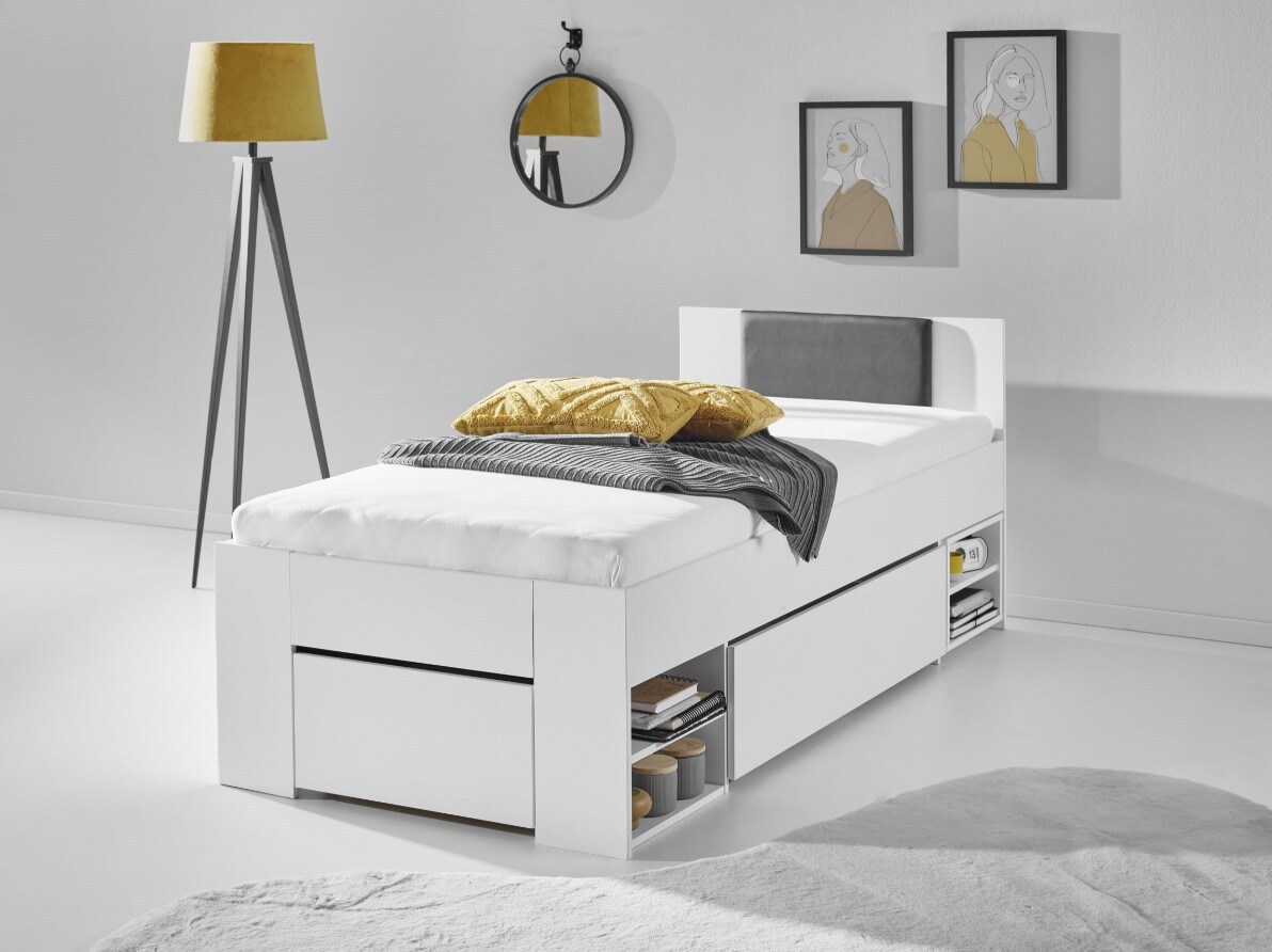 Stauraumbett Stefan inkl. RR 140x200cm inkl. Rolllattenrost, 3 Schubladen, 2 Nako auf Rollen, Kopfteil m. Kunstleder schwarz, Ausf. Dekor wei&szlig; - Bild 1