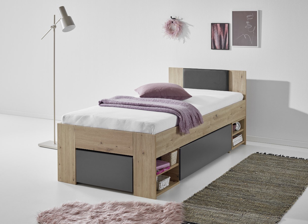 Relita Stauraumbett Stefan inkl. RR 90x200cm inkl. Rolllattenrost, 2 Schubladen, Nako auf Rollen, Kopfteil m. Kunstleder schwarz, Ausf. Dekor Artisan-Graphit