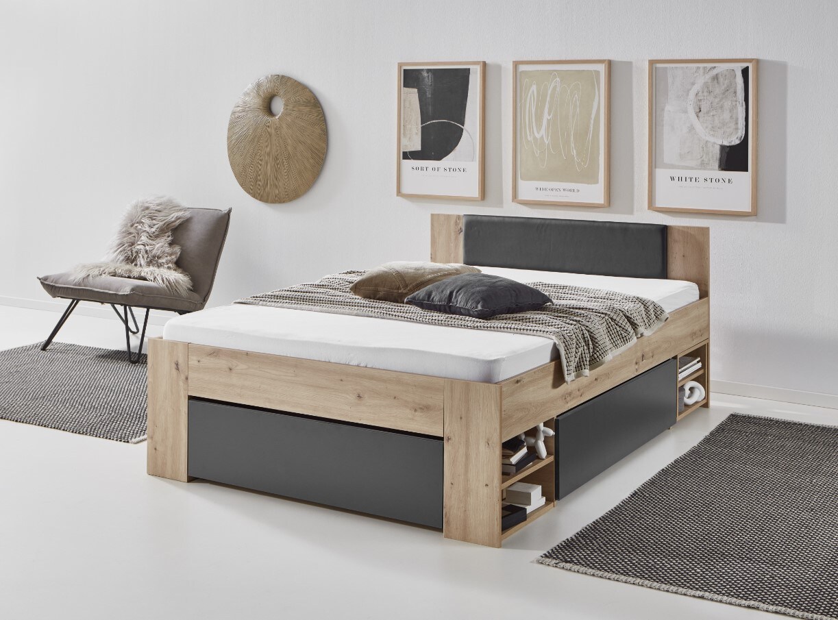 Relita Stauraumbett Stefan inkl. RR 140x200cm inkl. Rolllattenrost, 3 Schubladen, 2 Nako auf Rollen, Kopfteil m. Kunstleder schwarz, Ausf. Dekor Artisan-Grpahit