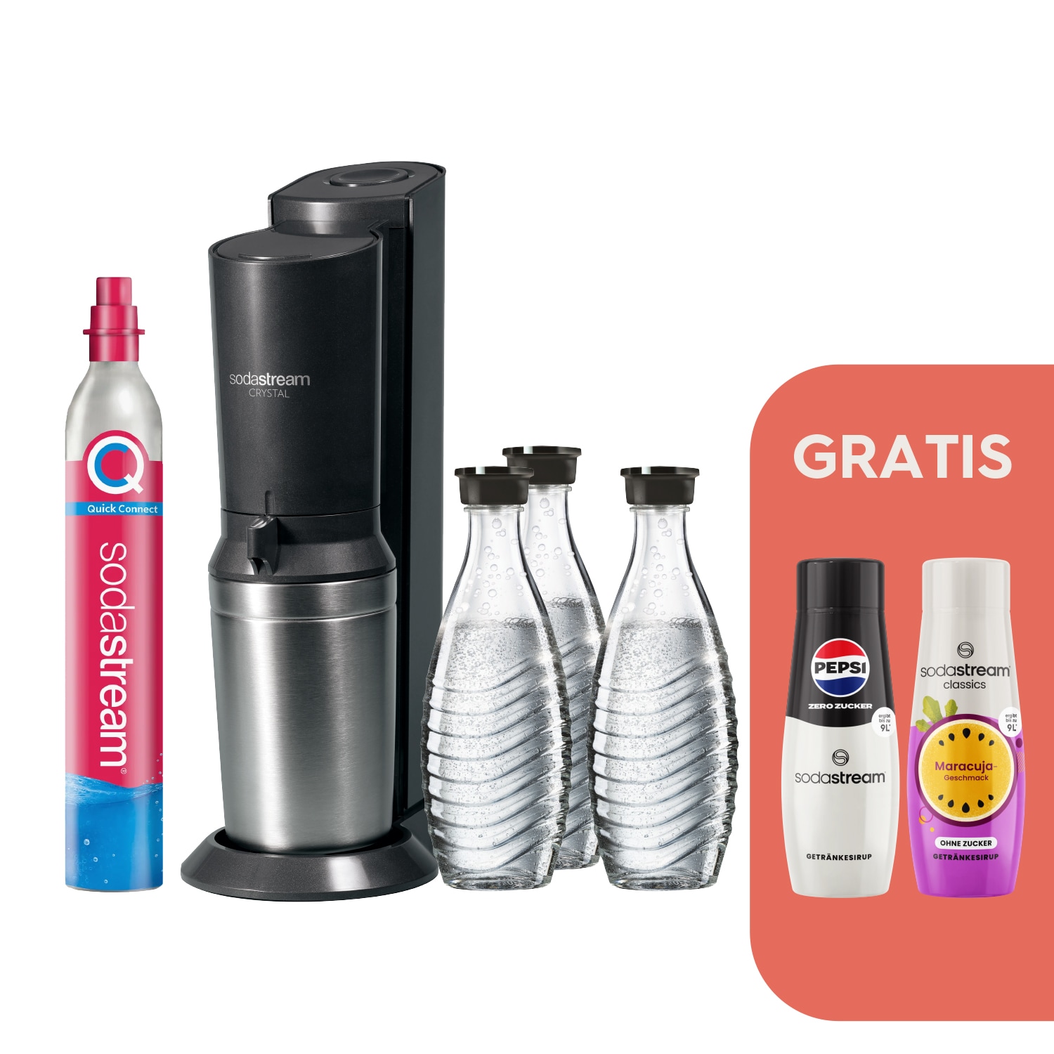 CRYSTAL 3.0 Wassersprudler titan, Bundle inkl. 3x Glasflasche, 1x Sodastream Maracuja ohne Zucker Sirup, 1x Pepsi Zero Zucker Sirup, 1x Quick-Connect Zylinder - Bild 1
