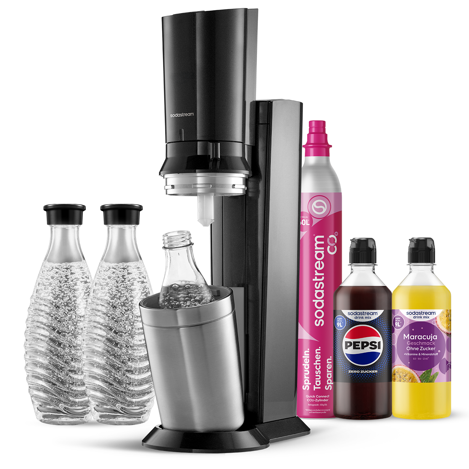 CRYSTAL 3.0 Wassersprudler titan, Bundle inkl. 3x Glasflasche, 1x  Maracuja ohne Zucker Sirup, 1x Pepsi Zero Zucker Sirup, 1x Quick-Connect Zylinder
