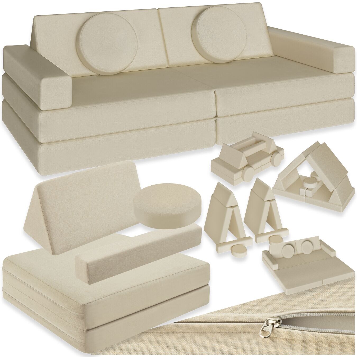 tectake® Spielsofa, 8-teilig, flexible Anordnung, Leinenbezüge, abnehmbar und waschbar, stapelbar