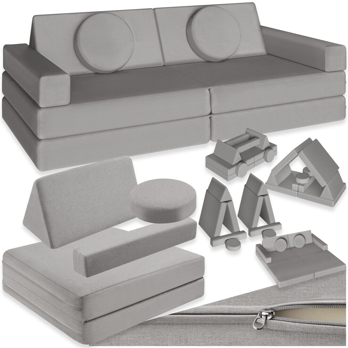 tectake® Spielsofa, 8-teilig, flexible Anordnung, Leinenbezüge, abnehmbar und waschbar, stapelbar