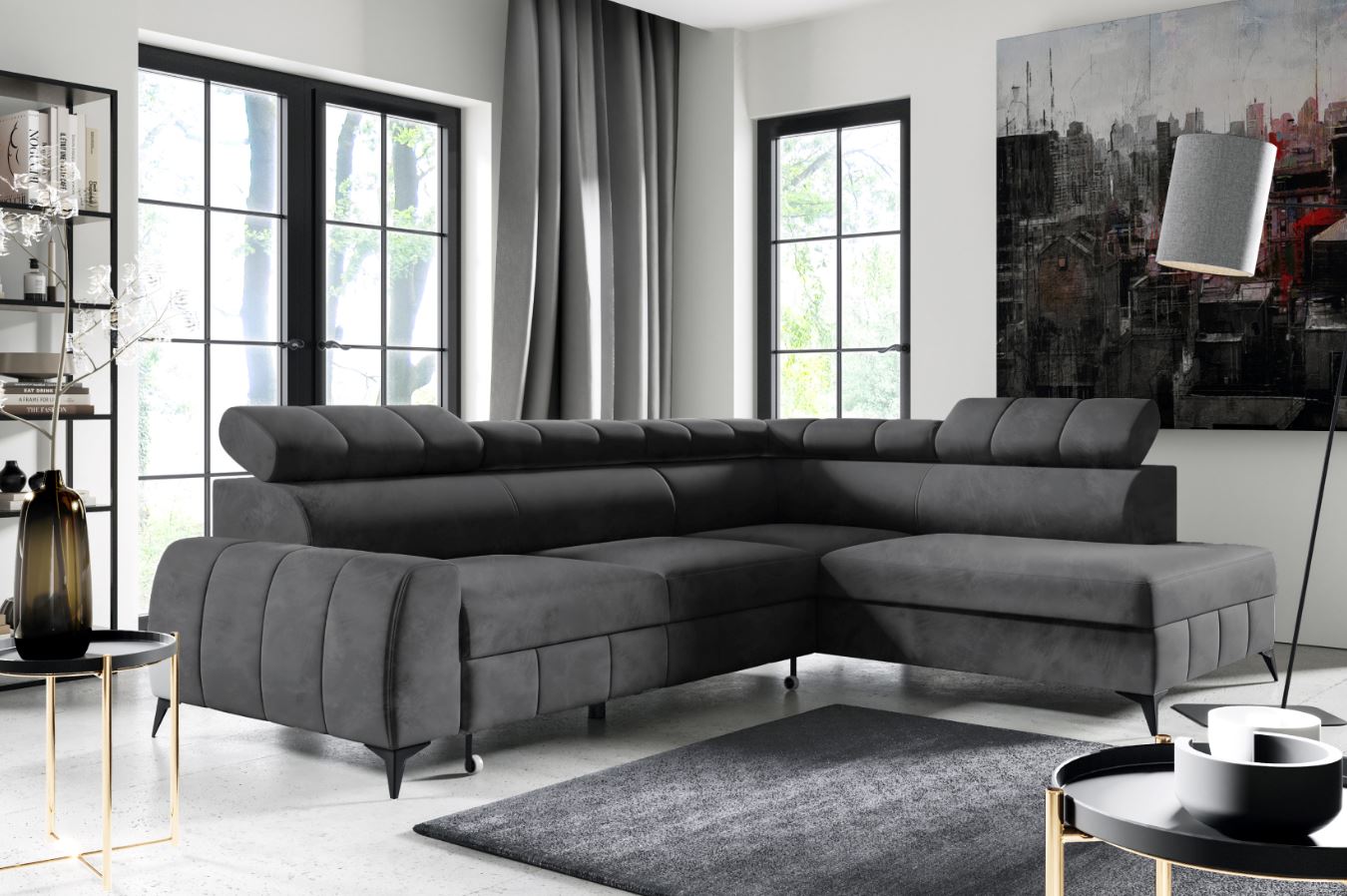M-Punkt Wohnlandschaft Ecksofa LAGOS Samt Grau Anthrazit mit Bett Bettkasten Kopfteilverstellung Bett Sofa Schlafsofa Ottomane rechts - Bild 1