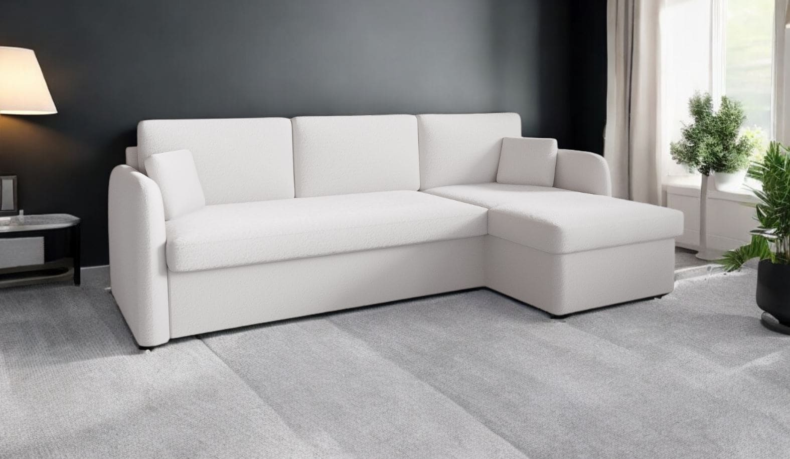 M-Punkt Ecksofa NICE Abriamo Boucle Ecru Hell mit Bettfunktion und Bettkasten Bett Sofa Schlafsofa Ottomane Universell Rechts oder Links - Bild 1