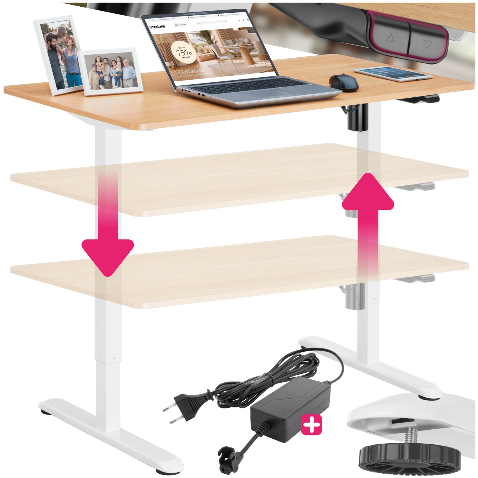 tectake® Elektrisch höhenverstellbarer Schreibtisch , stufenlos, leise, inklusive Kabelführungsblende und -haken, 120 x 60 x 73,5 – 118 cm | 04061173260116