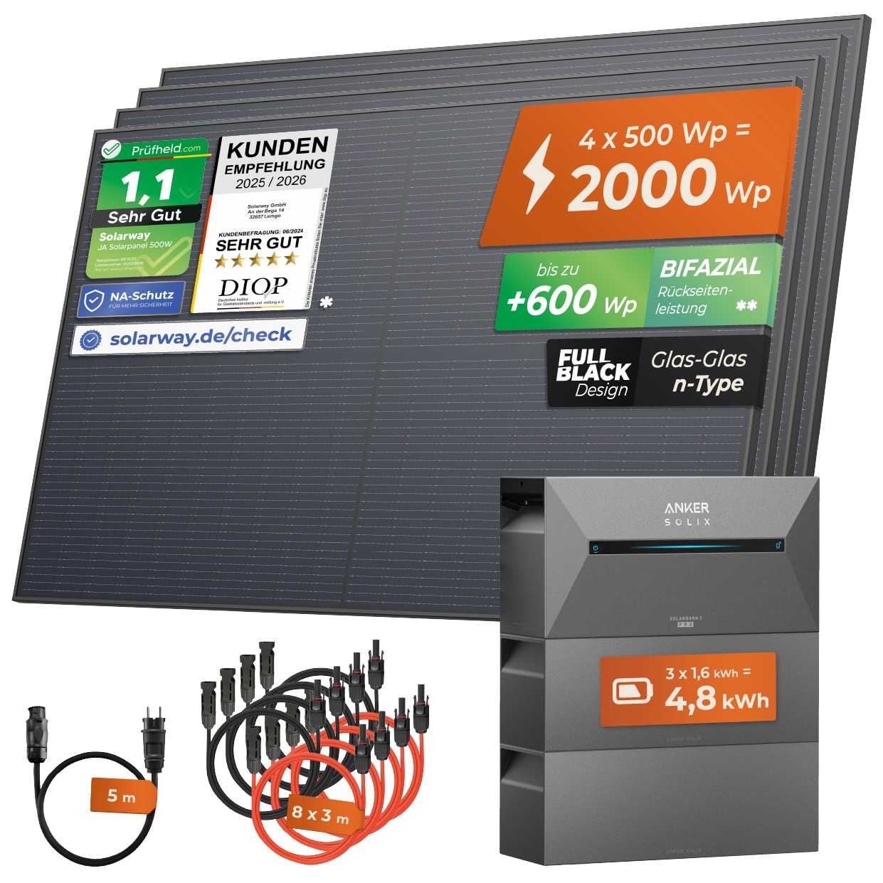 Solarway&reg; All In One Balkonkraftwerk mit Speicher 2000W komplett Steckdose - 4,8 kWh Anker Solix 2 PRO Speicher - Solaranlage Komplettset - 500W bifaziale Solarmodule & Anker Speicher & Zubeh&ouml;r - Bild 1