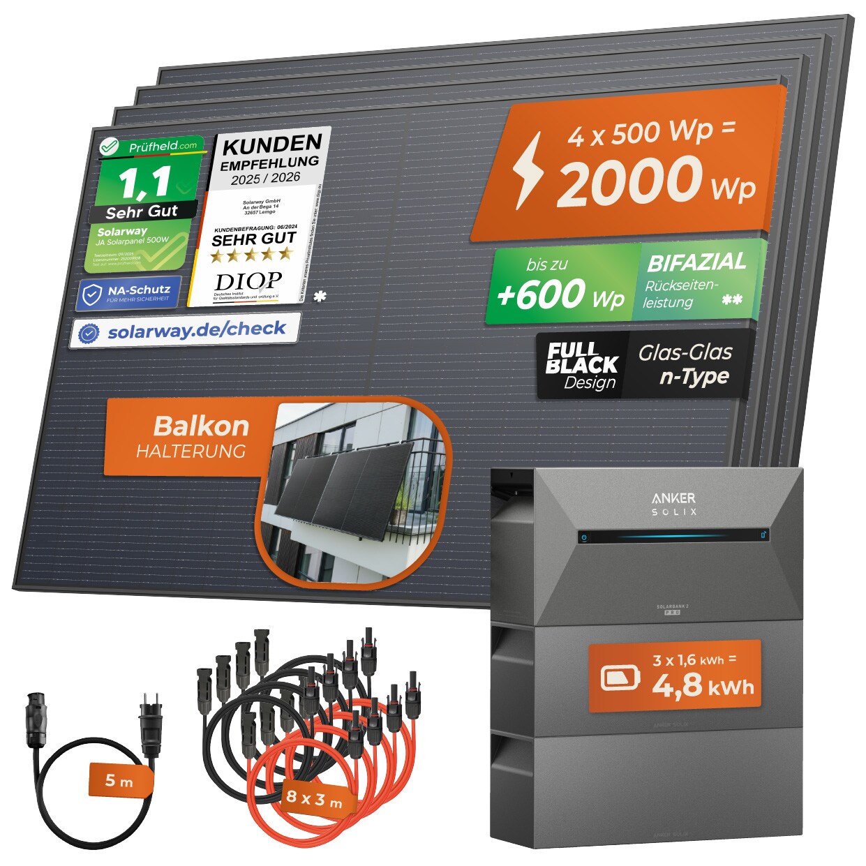 Solarway® All In One Balkonkraftwerk mit Speicher 2000W komplett Steckdose – 4,8 kWh Anker Solix 2 PRO Speicher – Solaranlage Komplettset – 500W bifaziale Solarmodule & Anker Speicher & Zubehör | 04262403073692
