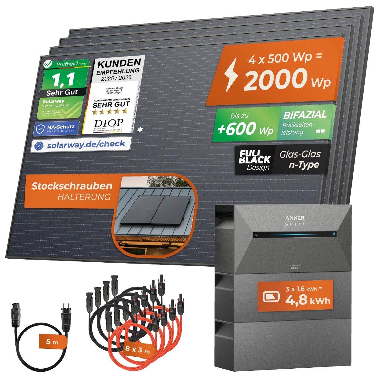 Solarway&reg; All In One Balkonkraftwerk mit Speicher 2000W komplett Steckdose - 4,8 kWh Anker Solix 2 PRO Speicher - Solaranlage Komplettset - 500W bifaziale Solarmodule & Anker Speicher & Zubeh&ouml;r - Bild 1