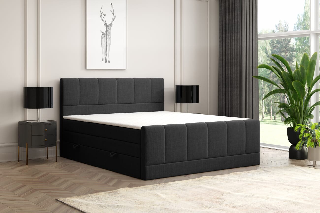 M-Punkt GmbH Boxspringbett IBIZA mit Bettkasten 180 x 200 cm Webstoff Schwarz – versch. Ausführungen | 04262413691114