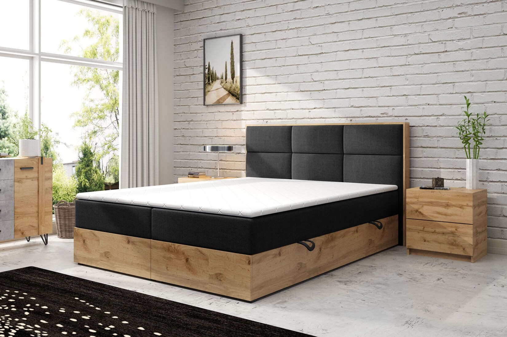 M-Punkt GmbH Boxspringbett STOCKHOLM Eiche Holz mit Bettkasten 180 x 200 cm Webstoff Schwarz – versch. Varianten | 04262413691176
