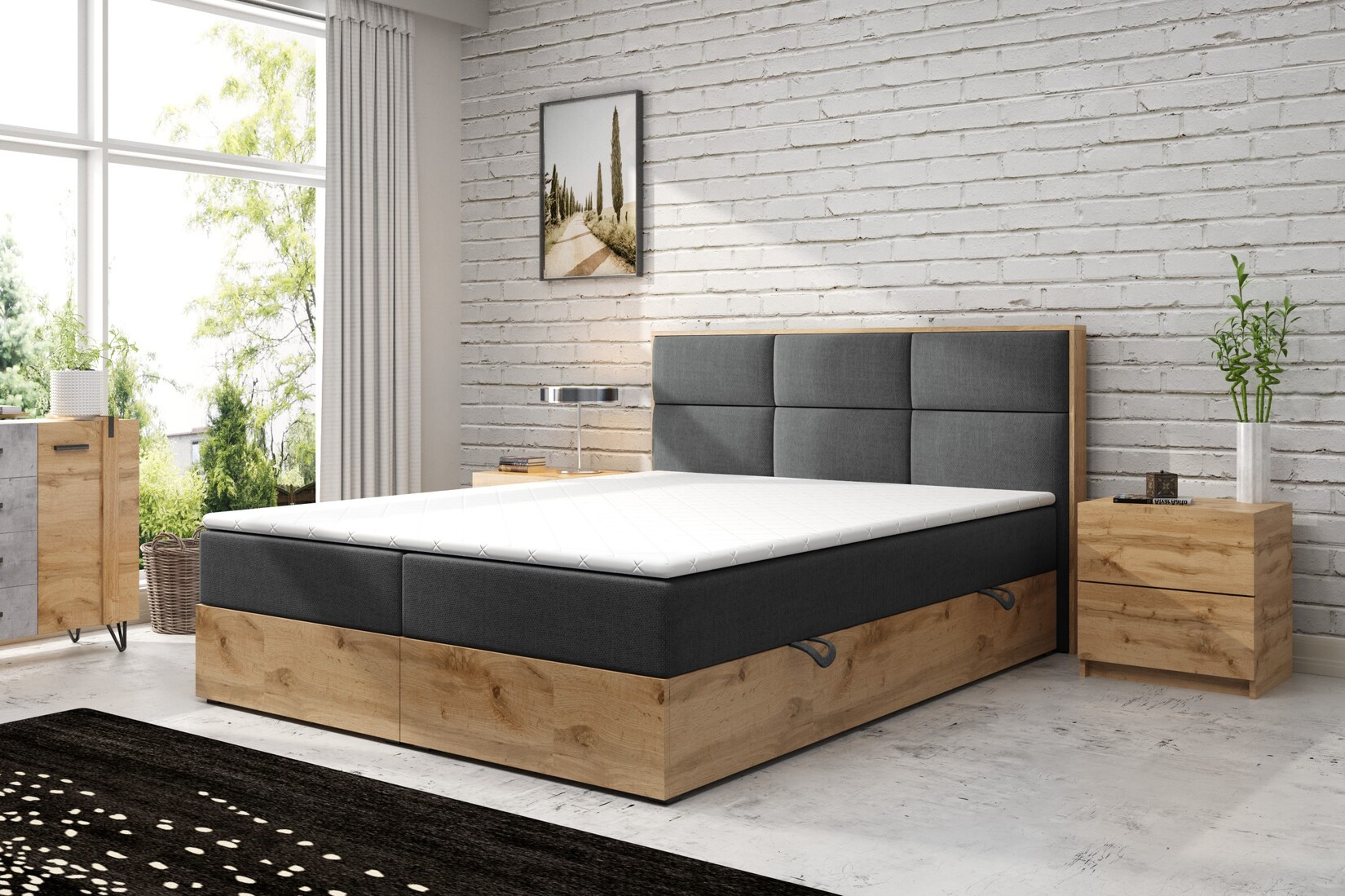 M-Punkt GmbH Boxspringbett STOCKHOLM Eiche Holz mit Bettkasten 180 x 200 cm Webstoff Grau Anthrazit – versch. Varianten | 04262413691169