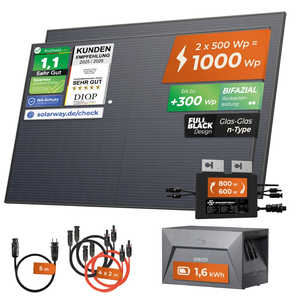 Solarway® 1000W Balkonkraftwerk mit Speicher 800W komplett Steckdose – neuester 800 Watt Wechselrichter – 1,6 kWh Anker Solix 1 – 500W bifaziale Solarmodule & Envertech & Anker | 04262403074088