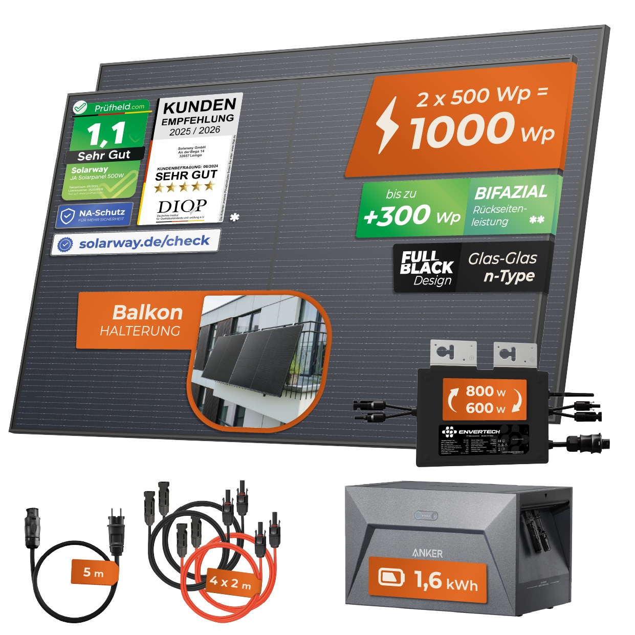 Solarway&reg; 1000W Balkonkraftwerk mit Speicher 800W komplett Steckdose - neuester 800 Watt Wechselrichter - 1,6 kWh Anker Solix 1 - 500W bifaziale Solarmodule & Envertech & Anker - Bild 1