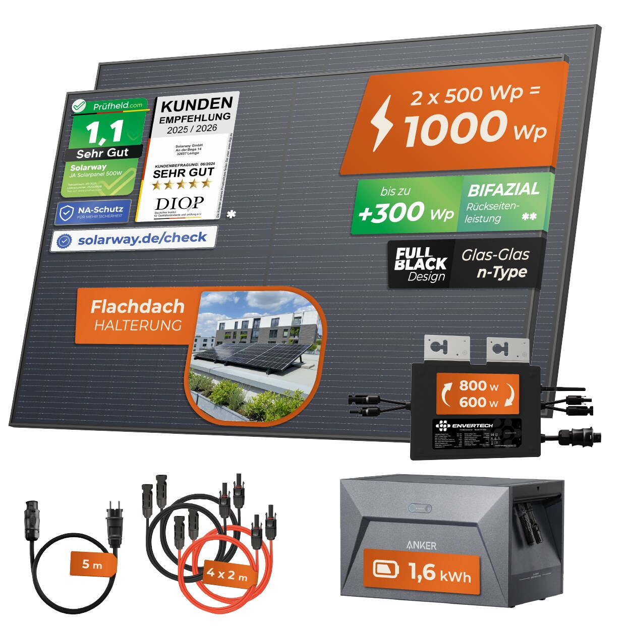 Solarway&reg; 1000W Balkonkraftwerk mit Speicher 800W komplett Steckdose - neuester 800 Watt Wechselrichter - 1,6 kWh Anker Solix 1 - 500W bifaziale Solarmodule & Envertech & Anker - Bild 1