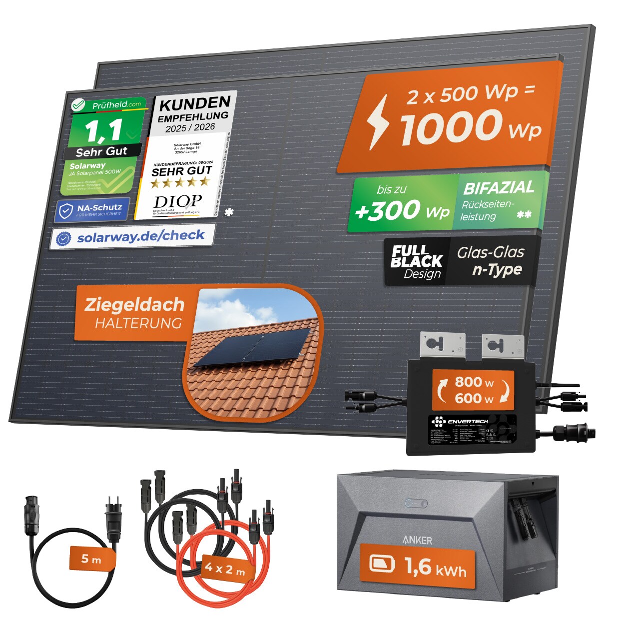 Solarway&reg; 1000W Balkonkraftwerk mit Speicher 800W komplett Steckdose - neuester 800 Watt Wechselrichter - 1,6 kWh Anker Solix 1 - 500W bifaziale Solarmodule & Envertech & Anker - Bild 1
