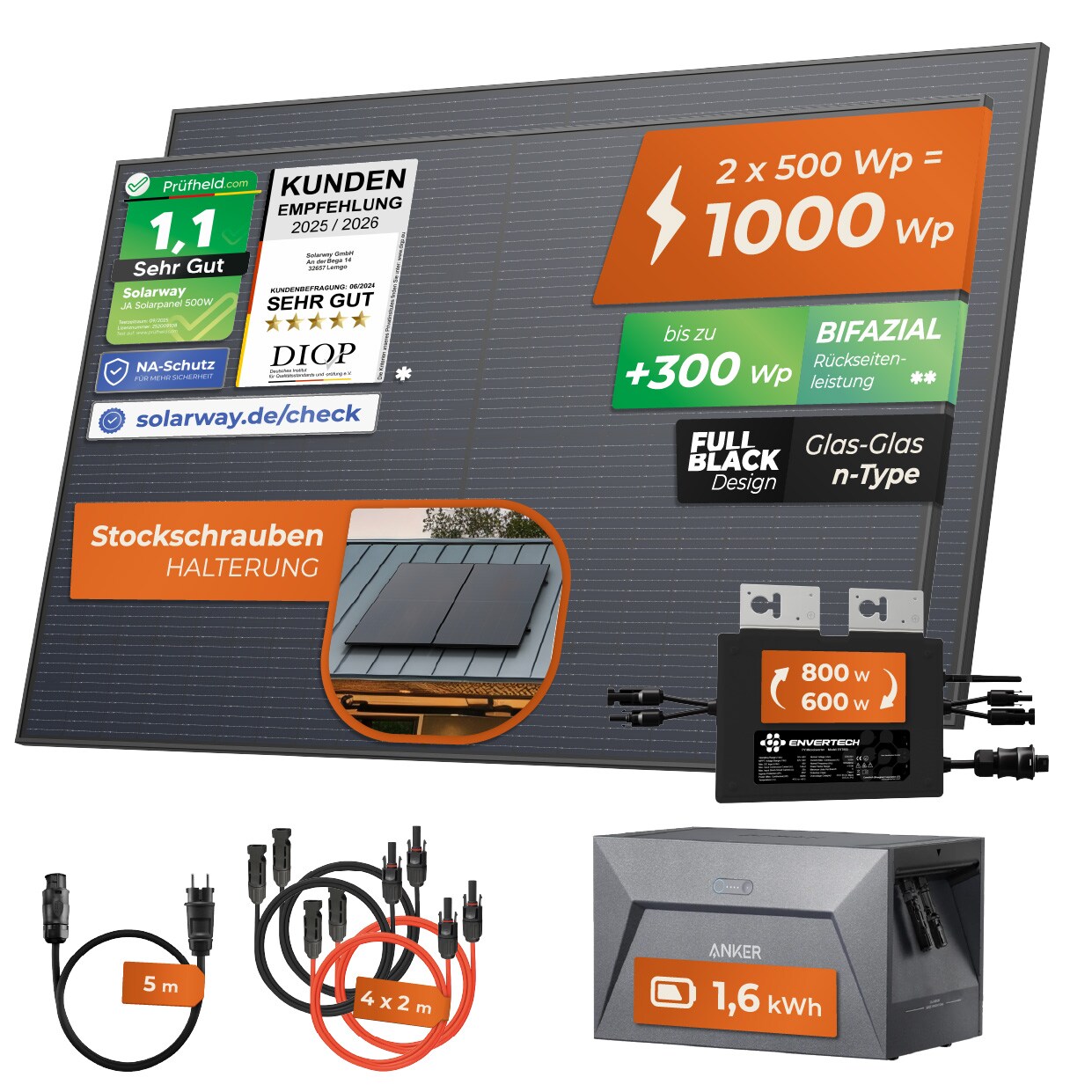 Solarway® 1000W Balkonkraftwerk mit Speicher 800W komplett Steckdose – neuester 800 Watt Wechselrichter – 1,6 kWh Anker Solix 1 – 500W bifaziale Solarmodule & Envertech & Anker | 04262403074125