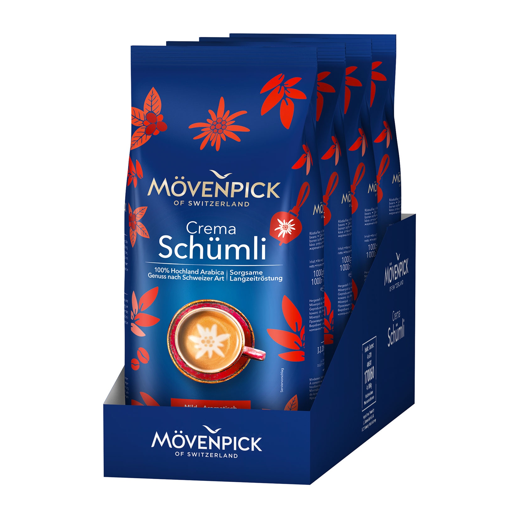 M&ouml;venpick Crema Sch&uuml;mli ganze Bohne 1 kg, 4er Pack - Bild 1