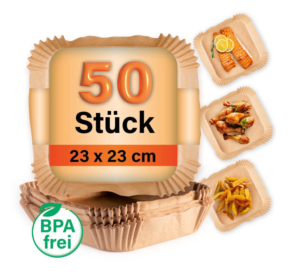 GOURMETmaxx Backpapier-Schalenf&uuml;r Hei&szlig;luft-Fritteusen 50er-Set 23x23x4,5cm braun - Bild 1