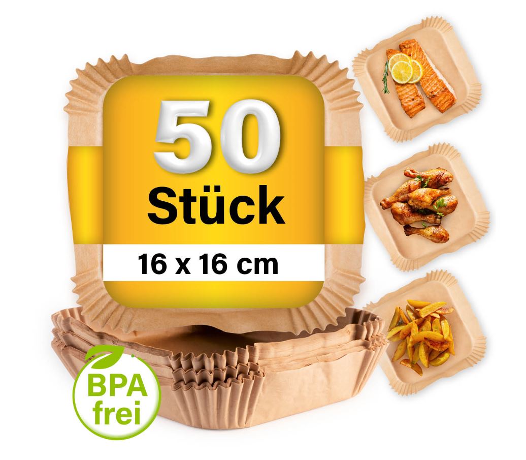 GOURMETmaxx Backpapier-Schalen f&uuml;r Hei&szlig;luft-Fritteusen 50er-Set 16x16x4,5cm braun - Bild 1