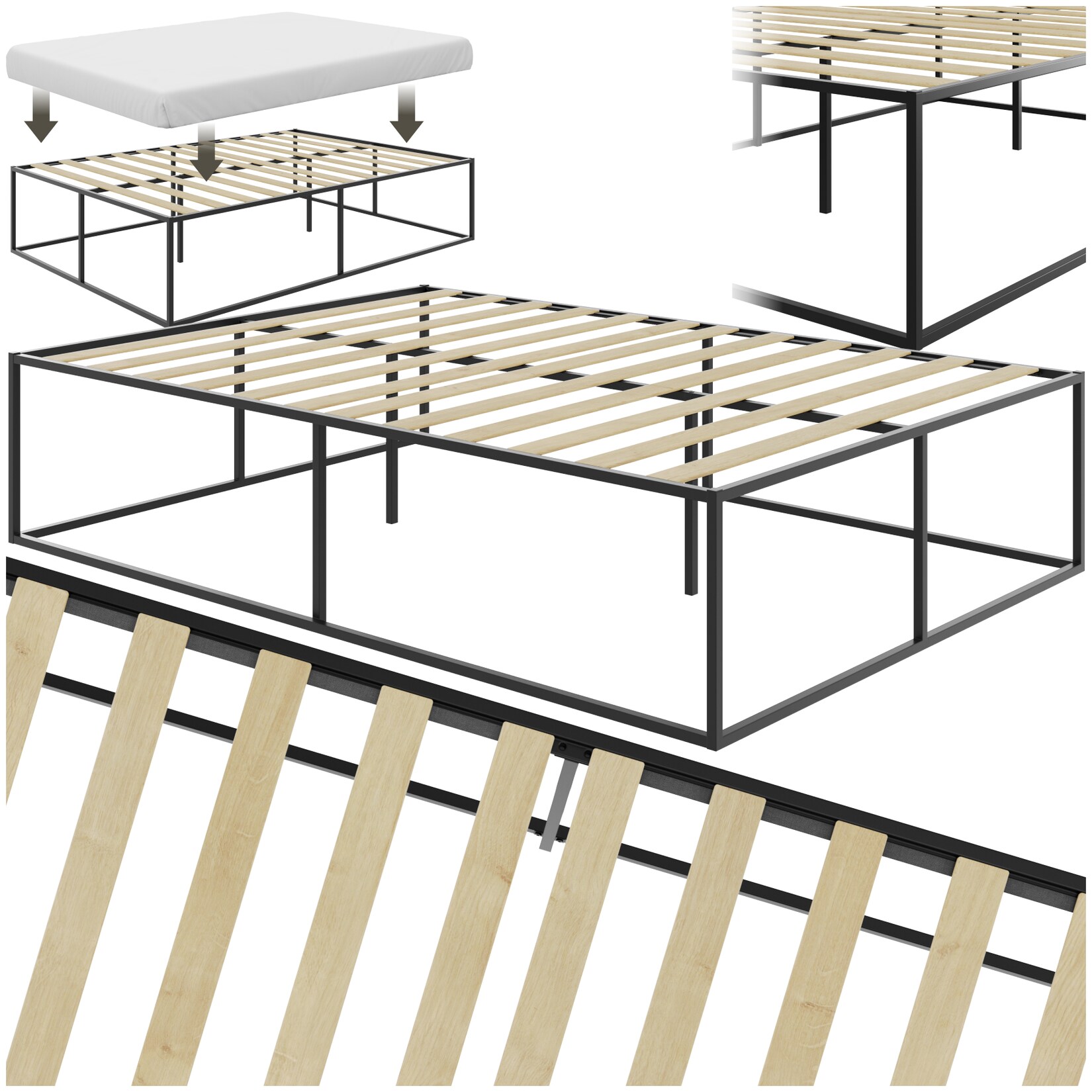 tectake® Bett, robustes Stahlgestell, zeitloses Design, Plattformgestell mit Unterbettstauraum, Belastbarkeit 250 kg, bodenschonende Kunststoffkappen