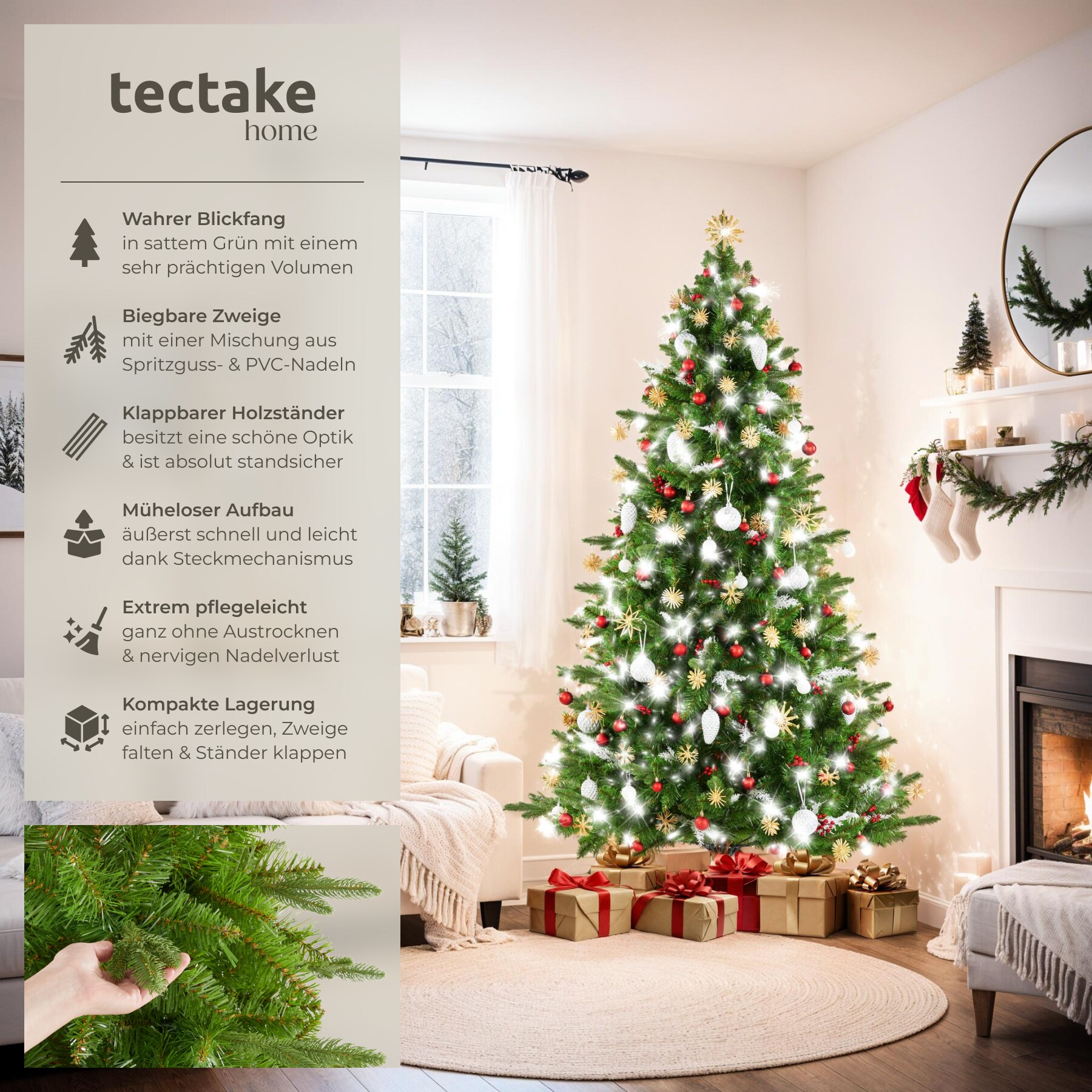 tectake Weihnachtsbaum , verschiedene Gren, knstlich in Grn, PVC- und  Spritzgussnadeln, formbar mit viel Volumen, klappbarer Baumstnde