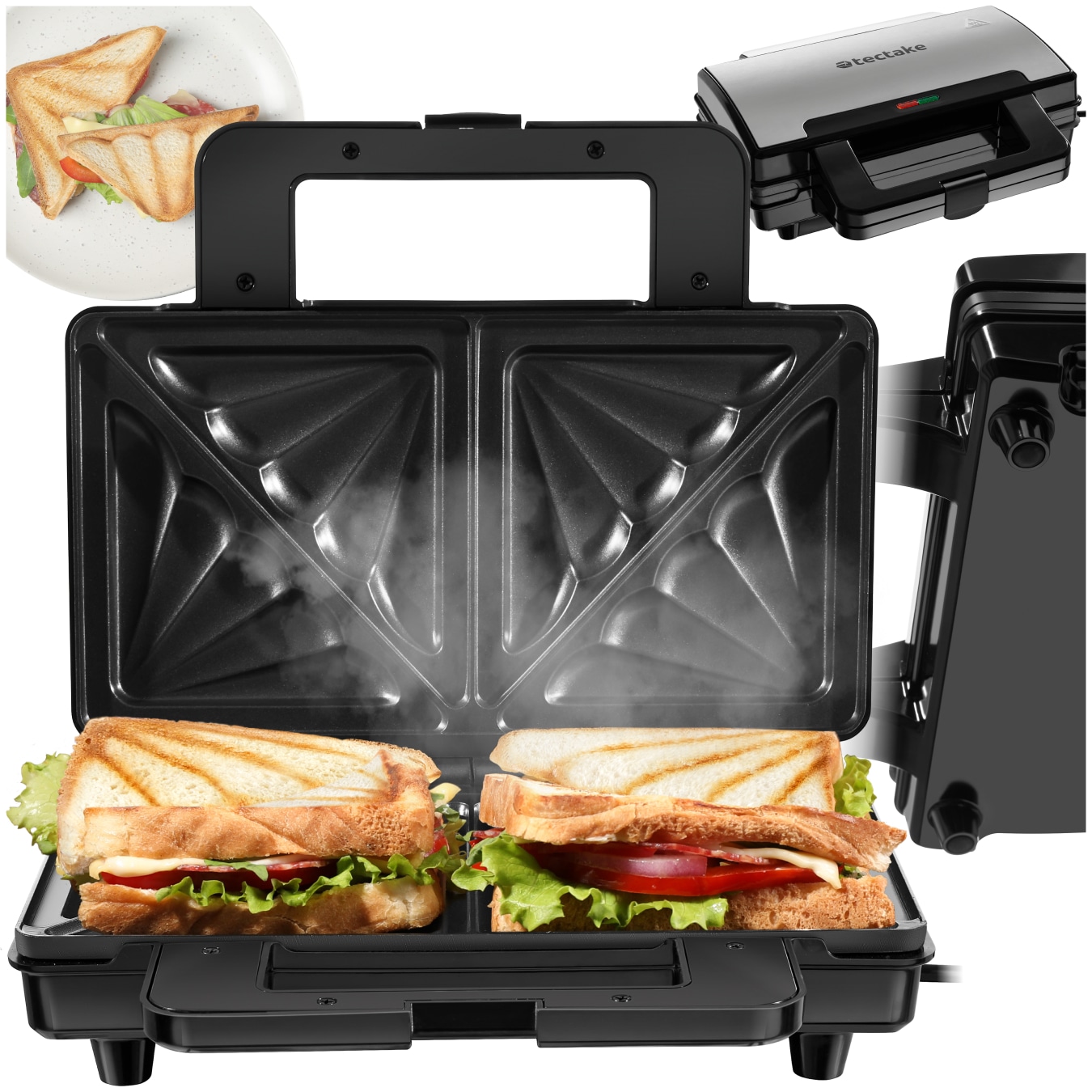 tectake&reg; Sandwichmaker, hitzebest&auml;ndiges Aluminium-Geh&auml;use, 1000 W, automatische Temperaturregelung, rutschfeste F&uuml;&szlig;e, 29 x 24,5 x 10 cm - Bild 1
