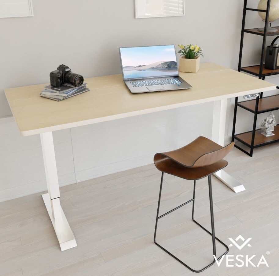 VESKA H&ouml;henverstellbarer Schreibtisch (140 x 70 cm) - Sitz- & Stehpult - B&uuml;rotisch Elektrisch H&ouml;henverstellbar mit Touchscreen & Stahlf&uuml;&szlig;en - Weiss/Bambus - Bild 1
