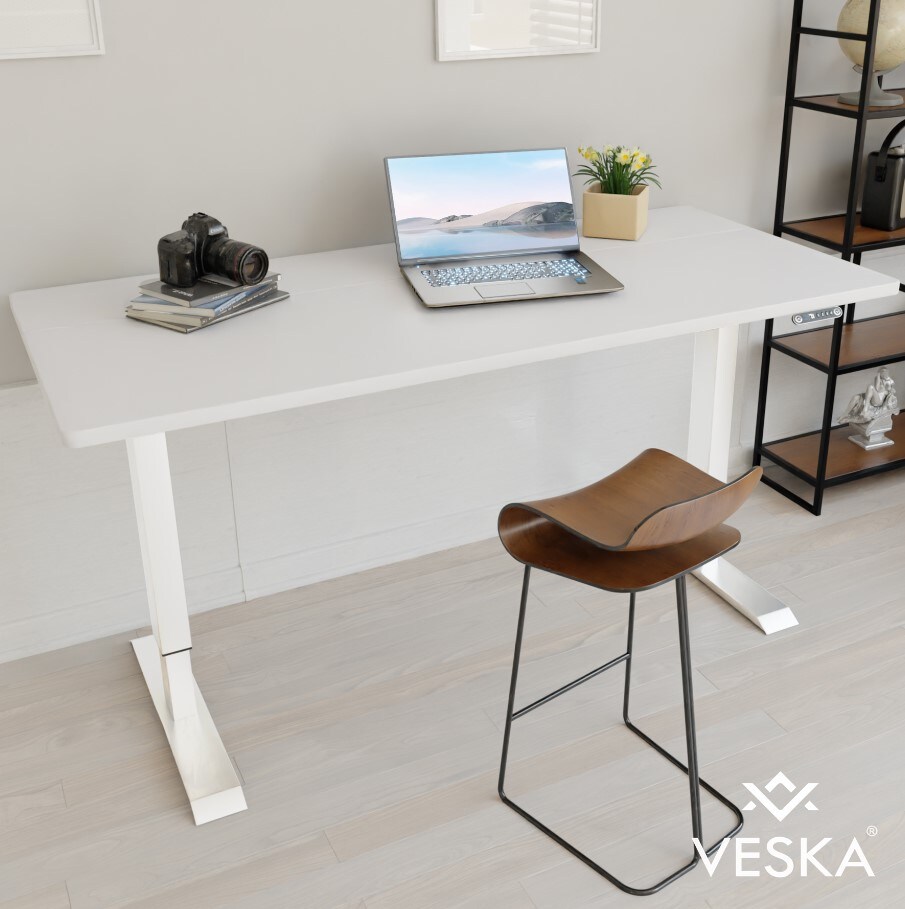 VESKA Höhenverstellbarer Schreibtisch (140 x 70 cm) – Sitz- & Stehpult – Bürotisch Elektrisch Höhenverstellbar mit Touchscreen & Stahlfüßen – Weiss/Weiss | 04054748017239