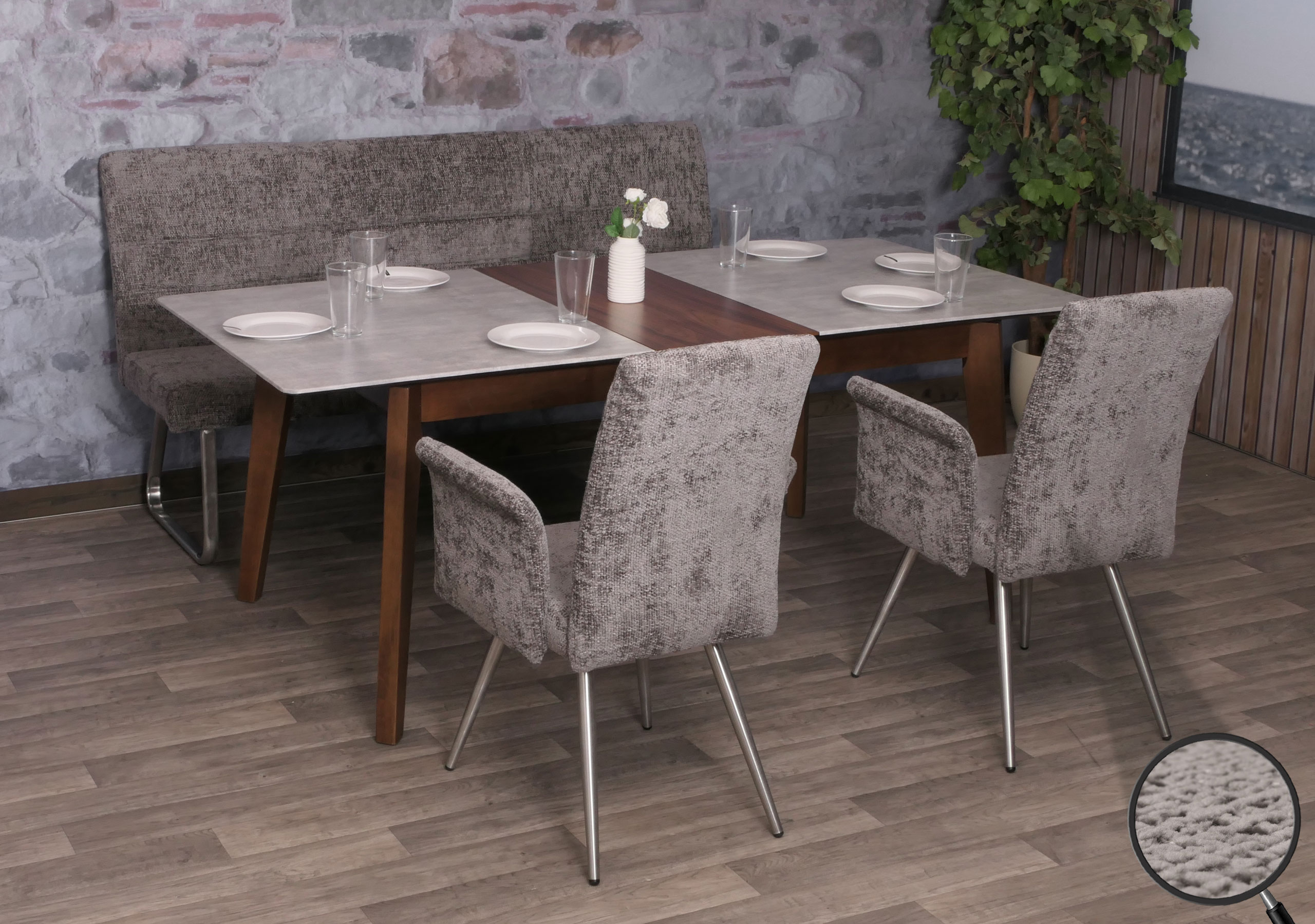 Esszimmer-Set MCW-G55, 2er-Set Stuhl mit Armlehne+Sitzbank 180cm, Edelstahl geb&uuml;rstet Stoff/Textil Chenille ~ dunkelgrau - Bild 1